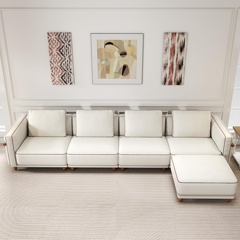 Extra Large Modular Couch White Chenille Sectional Sofa with Deep Seating, 70% Down-Filled Sofa Cushions, Removable Sofa Cover