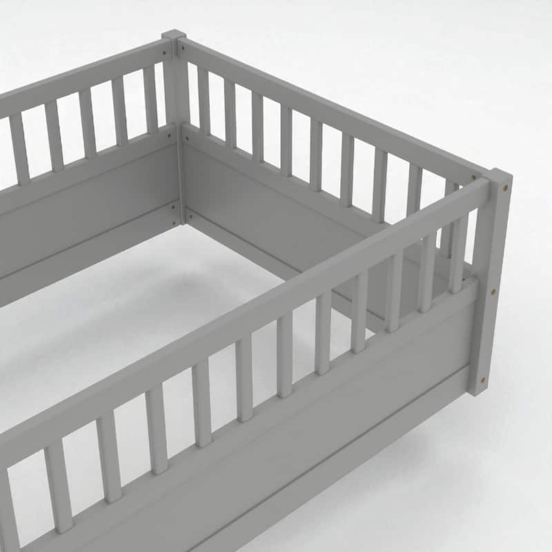 Twin/Full Montessori Floor Bed with High Fence & Open Door, Solid Pine, Playroom/Bedroom, No Box Spring