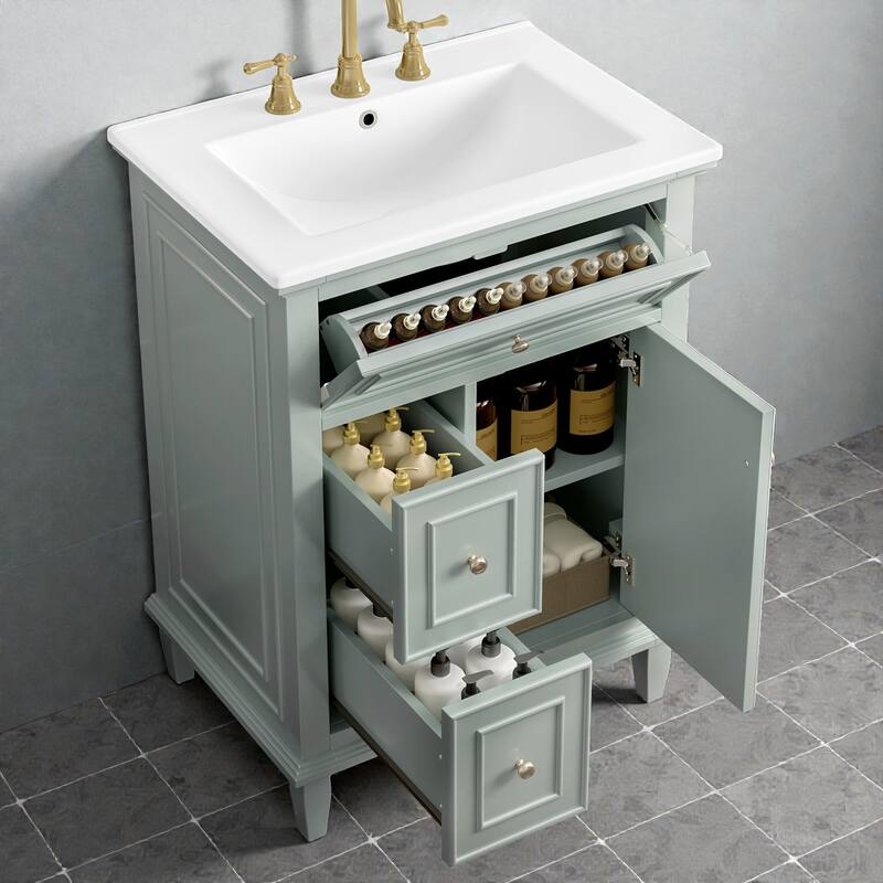 24" Bathroom Vanity with Sink, Flip Drawer & 2 Drawers, Solid Wood Frame, Adjustable Shelf, Ceramic Top