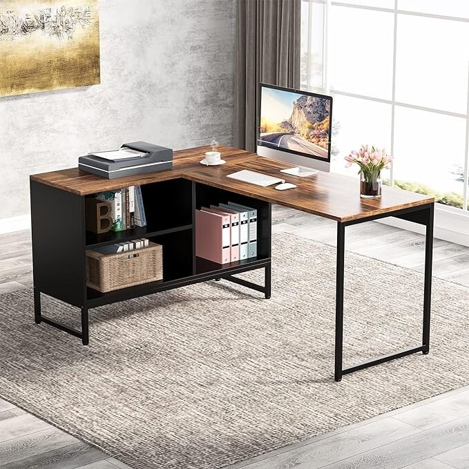 60 Inch Large Corner Desk L shaped Desk with Storage Cabinet Industrial Wood Home Office Desk