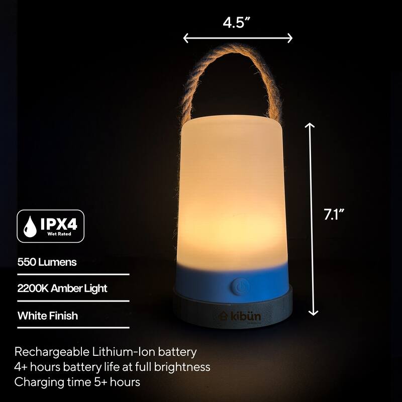 Kibun by Bulbrite Groove Cordless LED Outdoor Table Lamp with Dimmer, Built-in Rechargeable Battery, 3-Level Brightness, White