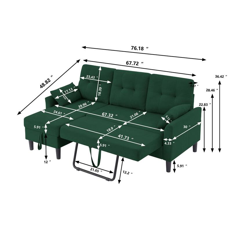 76.18" Upholstered Sleeper Pull Out Sofa Couch with Storage Chaise