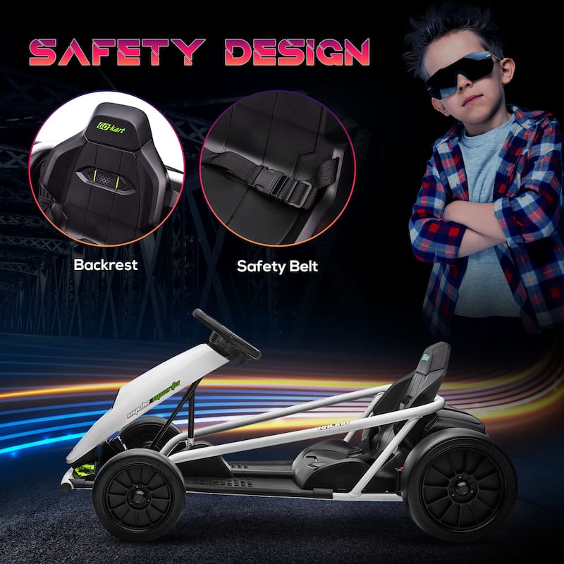 White Dual Drive Motor Drift Kart, Stylish Outdoor Electric Car Toy with Seat Belt, Exclusive Kids Car with Backrest