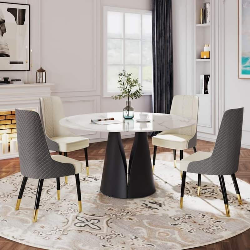 Modern Round White Dining Table，Sintered Stone Tabletop, Solid Black Carbon Steel Base