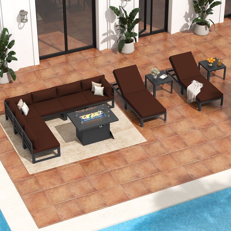 11-Piece Luxury Aluminum Outdoor Furniture Set with Chaise Lounge & Fire Pit Table, 29" Deep Seating Aluminum Patio Sectional