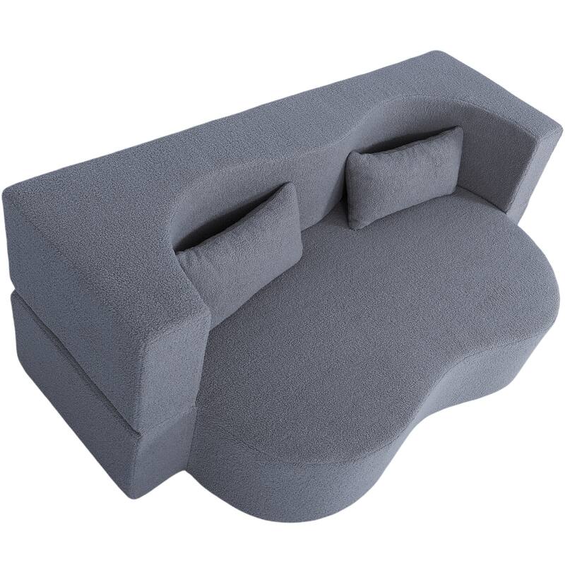 Modern 2-Seater Sofa 2-in-1 Folding Sofa Bed with 2 Pillows, Soft Teddy Fabric and Non-Slip Bottom, for Living Room, Dorm