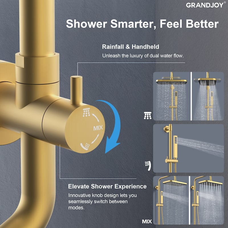 GRANDJOY 12" Rainfall Shower Head 3-Function Shower System with Adjustable Handheld Spray