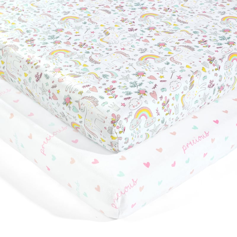 Lush Decor Baby Unicorn Heart Rainbow Micro Mink Fitted Crib Sheet, 2 Pack - 52"x 28" x 9"