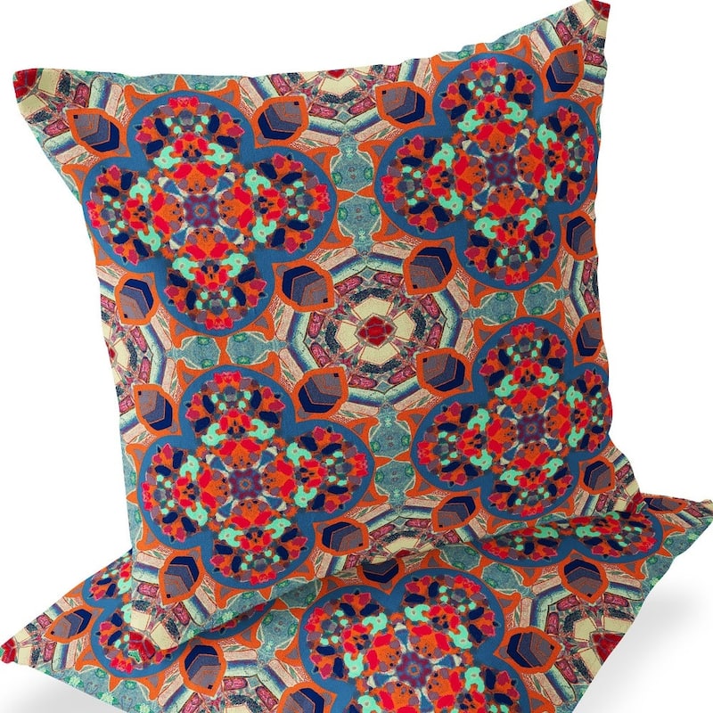 HomeRoots Set of Two 16" X 16" Blue and Orange Blown Seam Floral Indoor Outdoor Throw Pillow - 16.00' X '16.00' X '5.00