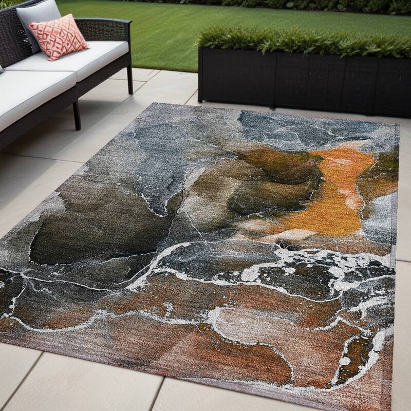 Almilo Modern Art-Inspired Weather Resistant Current & Stylish Outdoor Rug - 5' X 8' - Orange