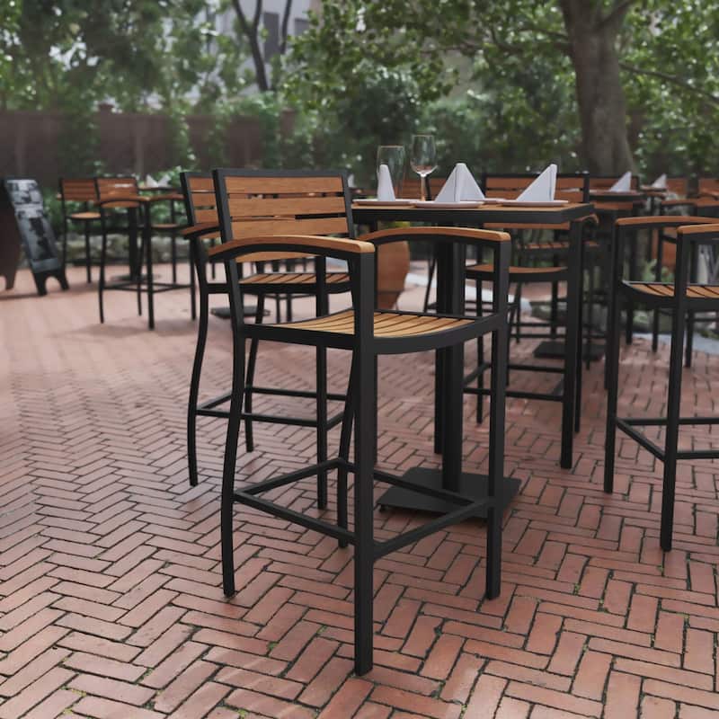 Commercial Grade Outdoor Bar Stool with Armrests and Poly Resin Slats - Teak