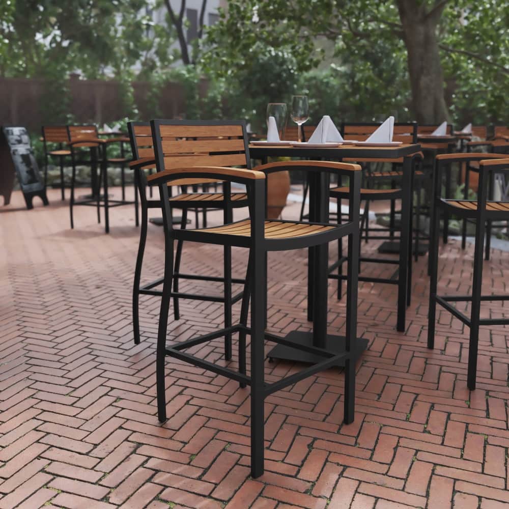 Commercial Grade Outdoor Bar Stool with Armrests and Poly Resin Slats