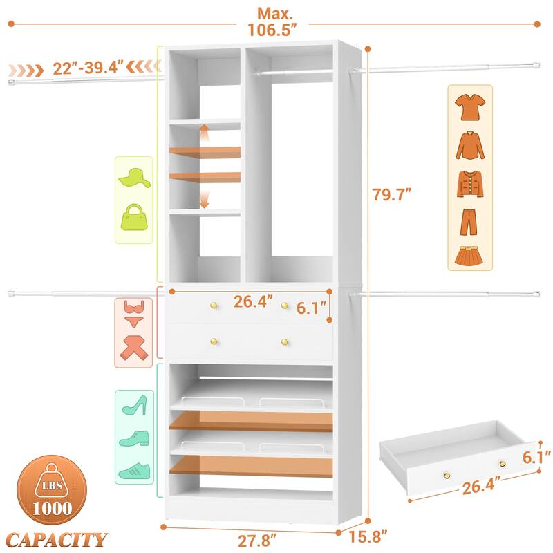 Closet Organizer with 5 Hanging Rods and 2 Drawers, Adjustable Closet System with Shelves and Shoe Rack