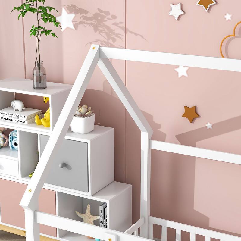 Full Size Wooden Floor Bed with House Roof Frame, Fence Guardrails for Kids, Bedroom