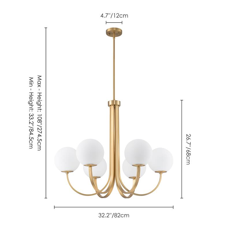 6-Light 32.2" Modern Gold Linear Cluster Globe Chandelier with Frosted Opal Glass Shade - 32.2 in. W x 26.7 in. H