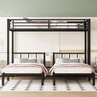 Detachable Triple Bunk Bed Frame Convertible 3 Twin Platform Beds with Storage Shelves, Headboard, Ladder and Safety Guardrails