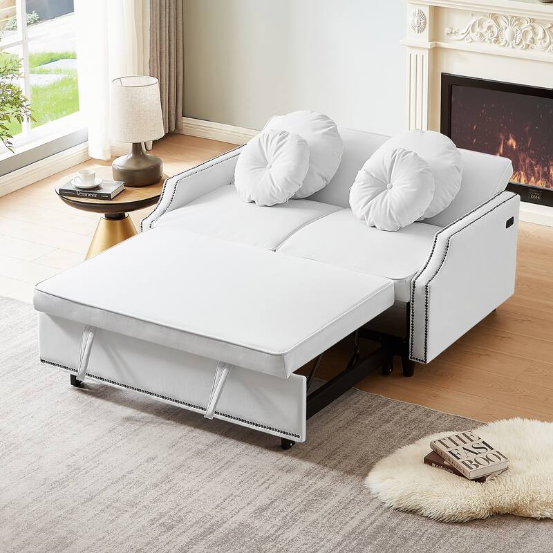 Loveseat Sofa Bed with Adjustable Button Tufted Backrest, 2 USB Ports and 4 Pillows