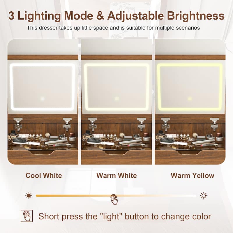 3-in-1 Vanity Desk with Lighted Mirror, Small Flip Top Dressing Table Set, Makeup Table with Visible Glass Top, Drawers & Stool