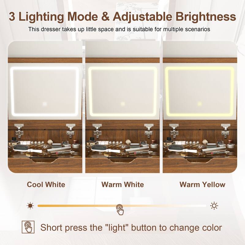 3-in-1 Vanity Desk with Lighted Mirror and Stool, Flip Top Makeup Dressing Table with Storage