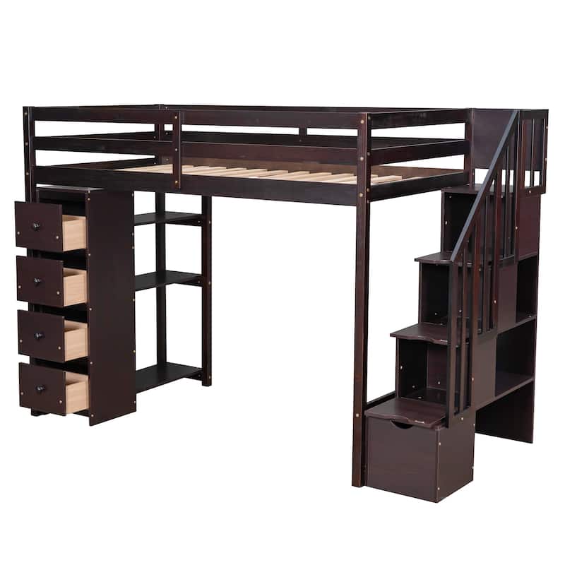 Twin size Loft Bed with Storage Drawers and Stairs, Wooden Loft Bed with Shelves - Espresso - N/A
