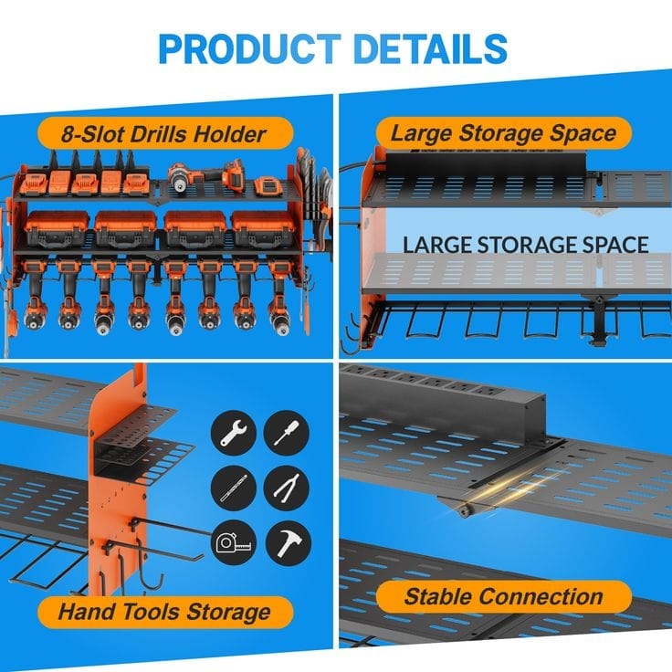 Power Tool Organizer with Charging Station Garage 8 Drill Holders Wall Mount with 8 Outlets Power Strip