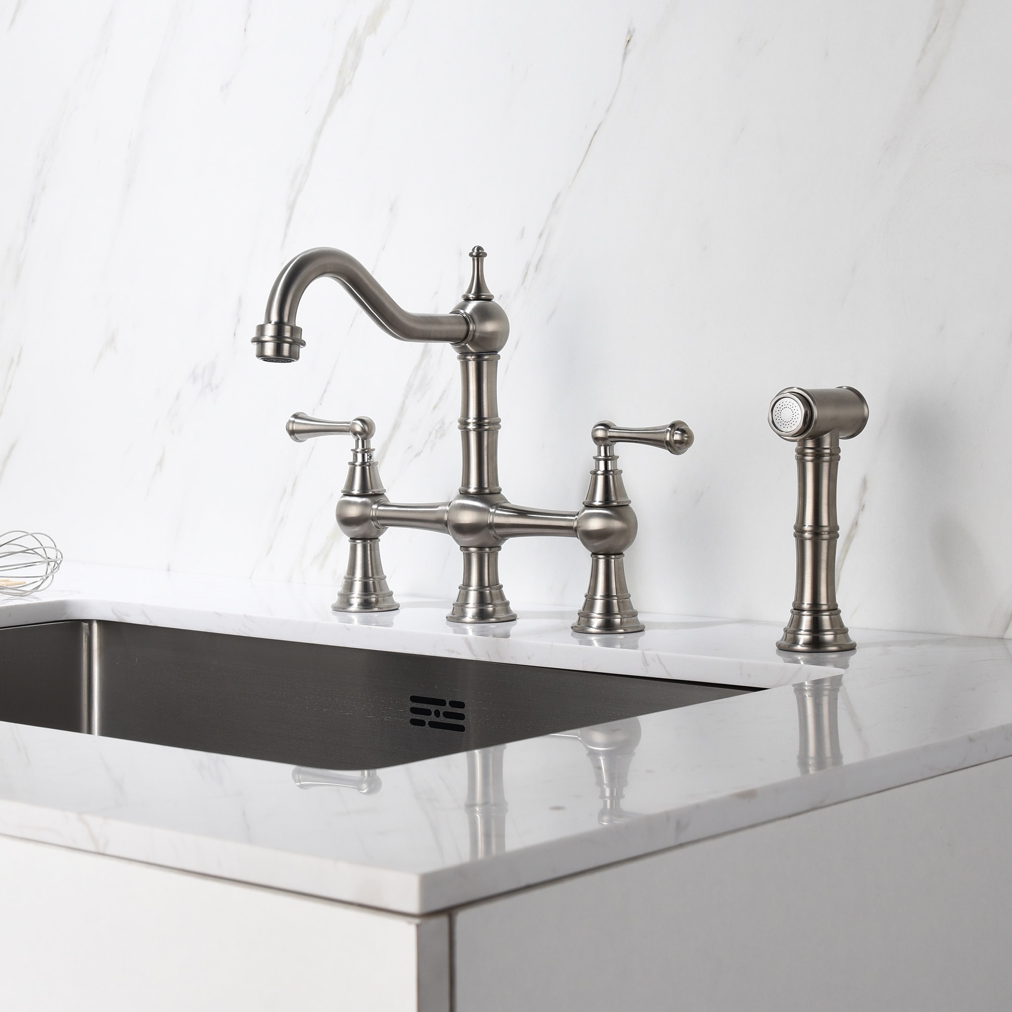 Details about   Bridge Kitchen Faucet Two Handle Side Spray High Arc Spout Sleek Stainless Steel 
