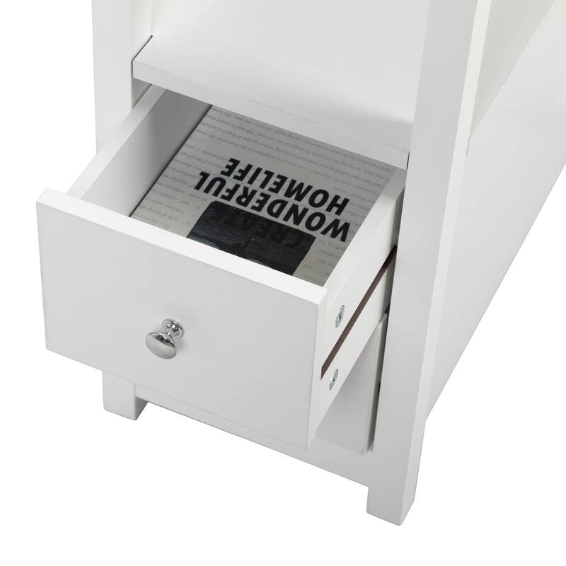 End Table with Charging Station, Narrow Sofa Side Table, Laundry Room Storage Wooden Nightstand Bedroom Furniture, White