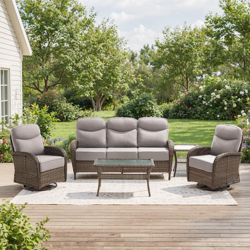 Pocassy Outdoor Sofa Swivel Chair and Ottman with Coffee Table - Brown Wicker Beige Cushion - 5-Piece Sofa Swivel Chiar with Table