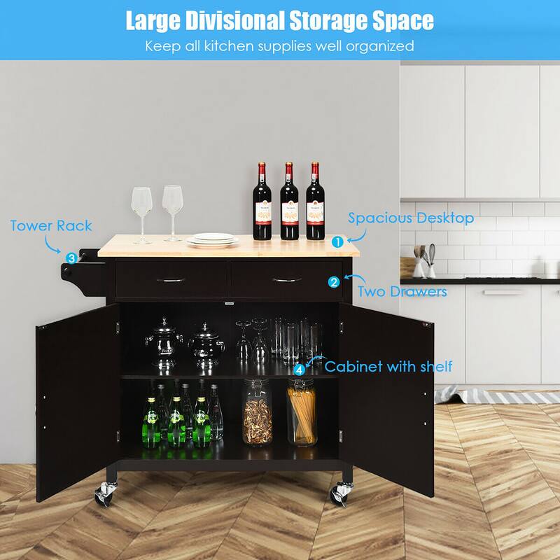 Costway Modern Rolling Kitchen Cart Island Storage Trolley Cabinet