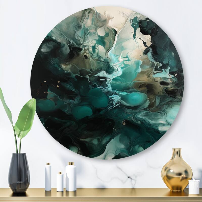 Designart "Green White Marbled Artistry III" Modern Geometric Metal Round Wall Art - 29x29 - Disc of 29 Inch