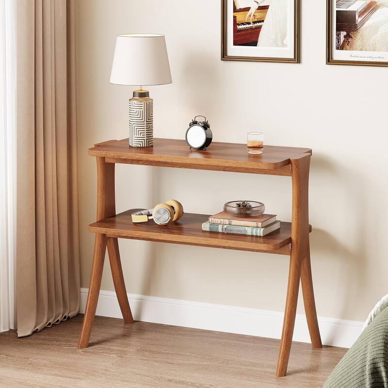 25.2" Narrow Walnut Side Table - 2-Tier Farmhouse End Table with Legs