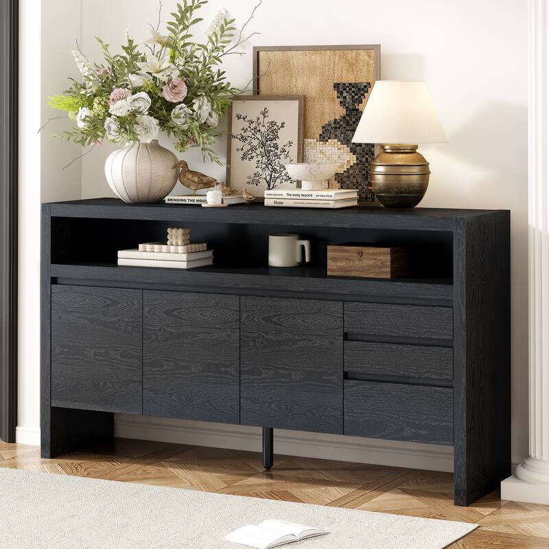 3-Door Sideboard Cabinet with Open Shelf, Freestanding Wood Storage Cabinet, Accent Cabinet with 3 Drawers & Internal Shelf