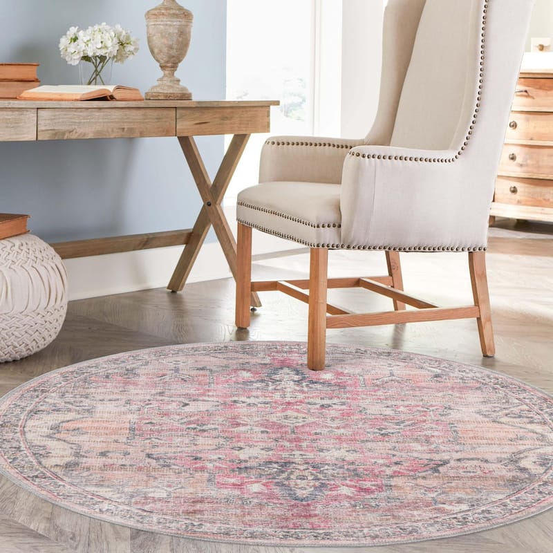 Transitional Pria Collection Area Rug - 5'3" Round - Beige-Pink