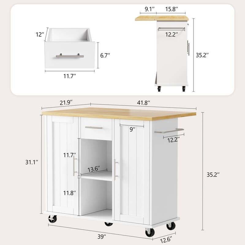 Rolling Kitchen Island Cart with Open Shelf & Drop Countertop - N/A