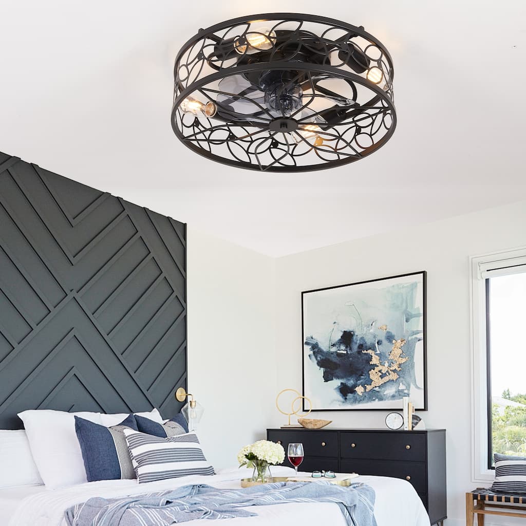 18-inch Black Vintage Caged Ceiling Fan Light - Quiet Operation, Remote Control, Industrial Style, 6-Speed (Bulb Not Included)