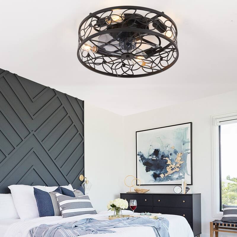 Vintage Cage Ceiling Fan Light with 6 Speed Wind Adjustment and Remote Control, DC Reversible Motor for Bedroom and Living Room - Black