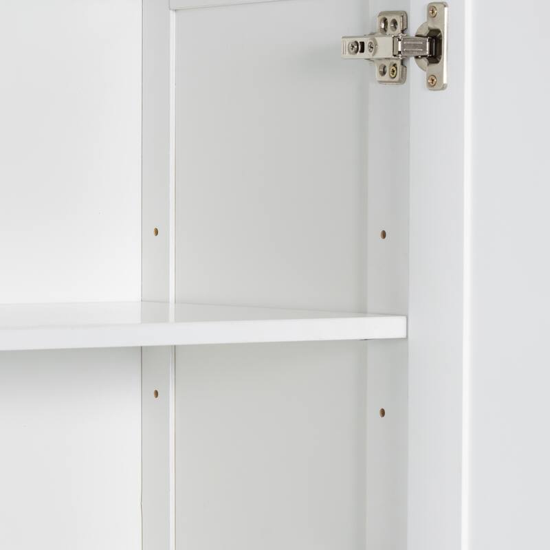 Freestanding Tall Bathroom Double Door Storage Cabinet with Removable Laundry Basket, Open Shelf, Drawer and Adjustable Shelf