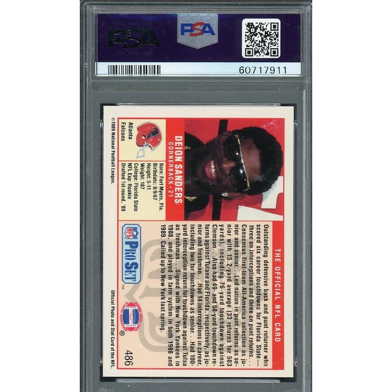 Deion Sanders 1989 Pro Set Football Rookie Card RC #486 Graded PSA 8 - 8'6" x 11'6"