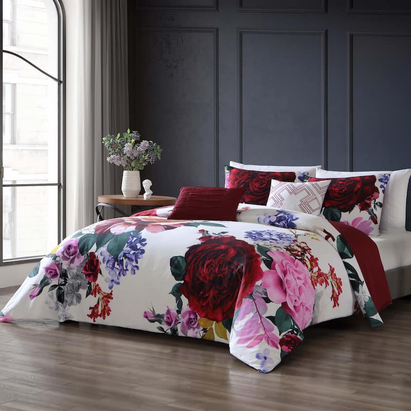 Bebejan Magenta Floral 100% Cotton 5 Piece Reversible Comforter Set