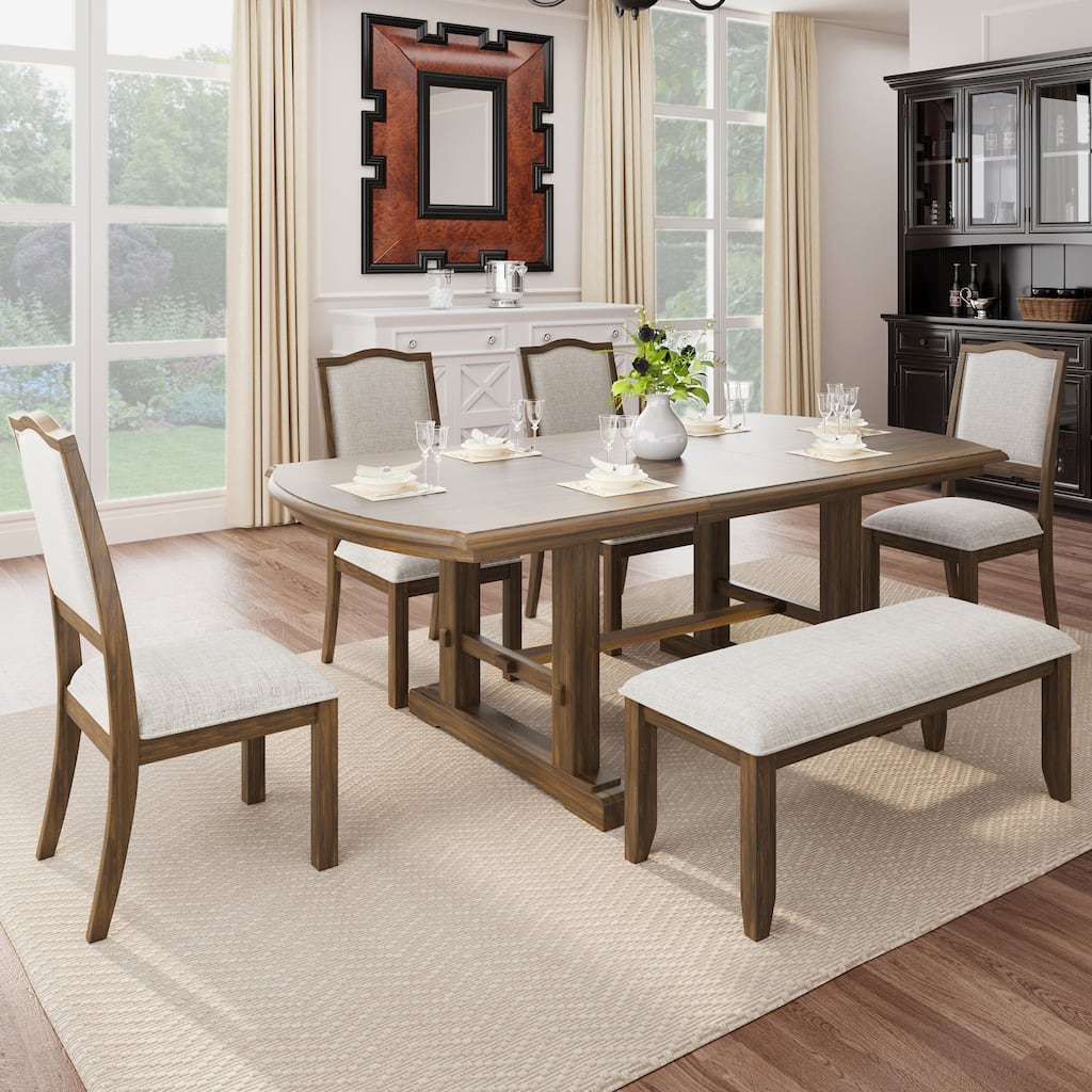 Classic 6-Piece Extendable Dining Table Set Includes 4 Dining Chairs and Bench for Family Gatherings