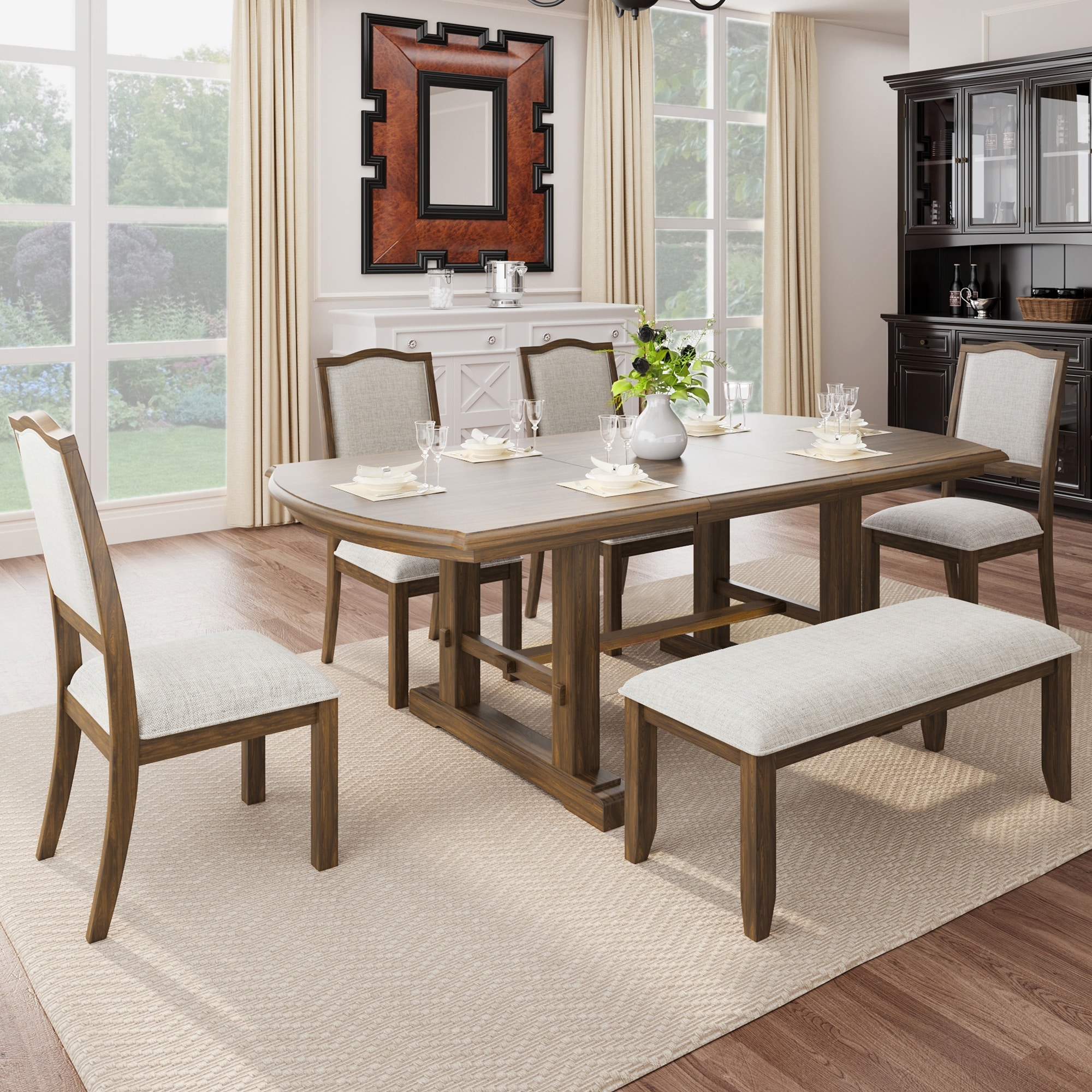 Classic 6-Piece Extendable Dining Table Set Includes 4 Dining Chairs and Bench for Family Gatherings