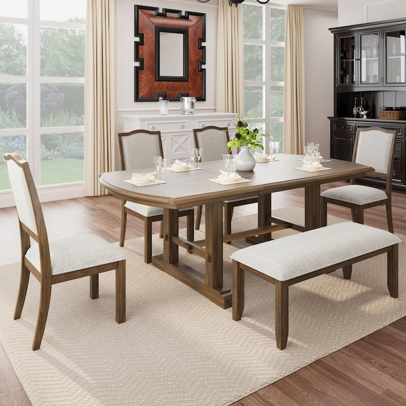 Classic 6-Piece Extendable Dining Table Set Includes 4 Dining Chairs and Bench for Family Gatherings