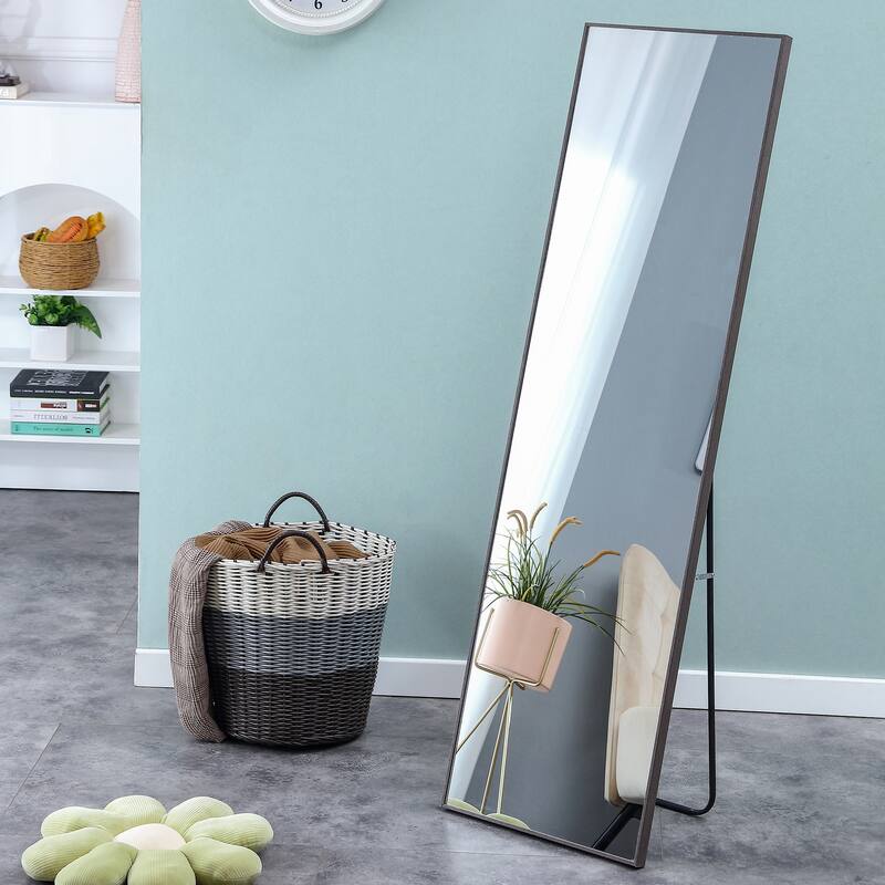 Roomfitters Full Body Mirror with Brown Solid Wood Frame, Floor Standing Decorative Mirror for Dressing Room