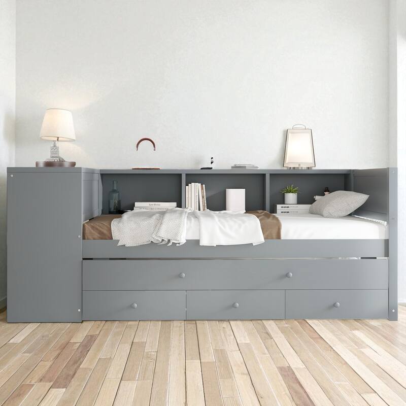 Twin/Full Size Wood Daybed with Trundle, Storage Drawers, Shelves and Built-in Desk, No Box Spring Needed