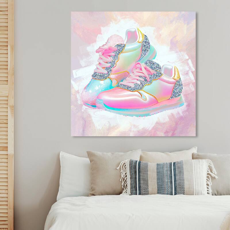 Wynwood Studio Fashion and Glam Pastel Pop Sneakers Pink and Neon Blue Bohemian & Eclectic Wall Art Canvas Print - 40 x 40
