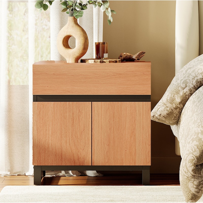 WAMPAT Modern Nightstand with 1 Drawer & 1 Storage Cabinet, Farmhouse Bedside Table with 2 Open Door forBedroom