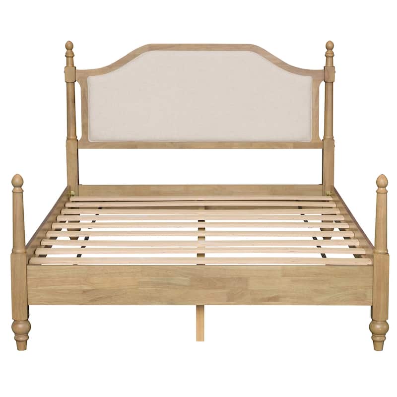 Queen Size Bed Frame With Headboard, Wooden Slat Support, Oak