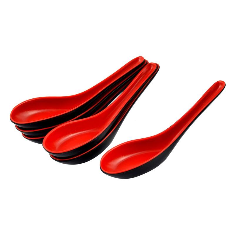 Kitchen Restaurant Tableware Plastic Soup Porridge Rice Spoon Flatware 6 Pcs - Red, Black