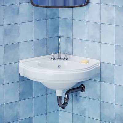Portsmouth White Ceramic Corner Wall Mount Vessel Sink with Overflow