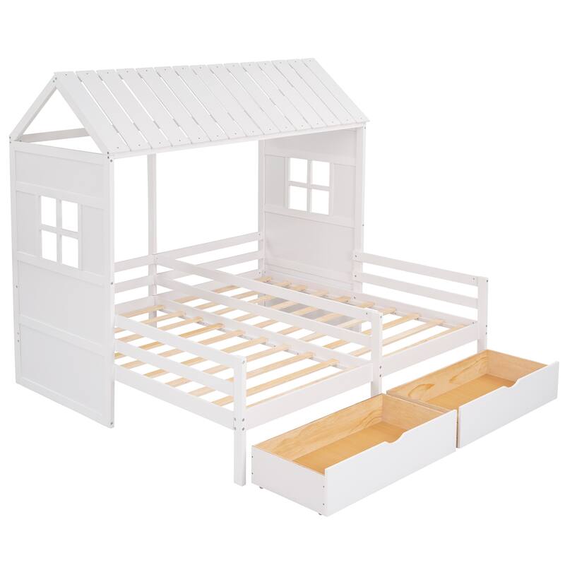 Twin Size House Beds with 2 Drawers Double Wood House Bed Frame for 2 ...